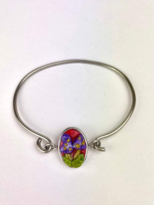Bracelet Champignons Fou en acier argenté avec cabochon en pâte polymère fait main