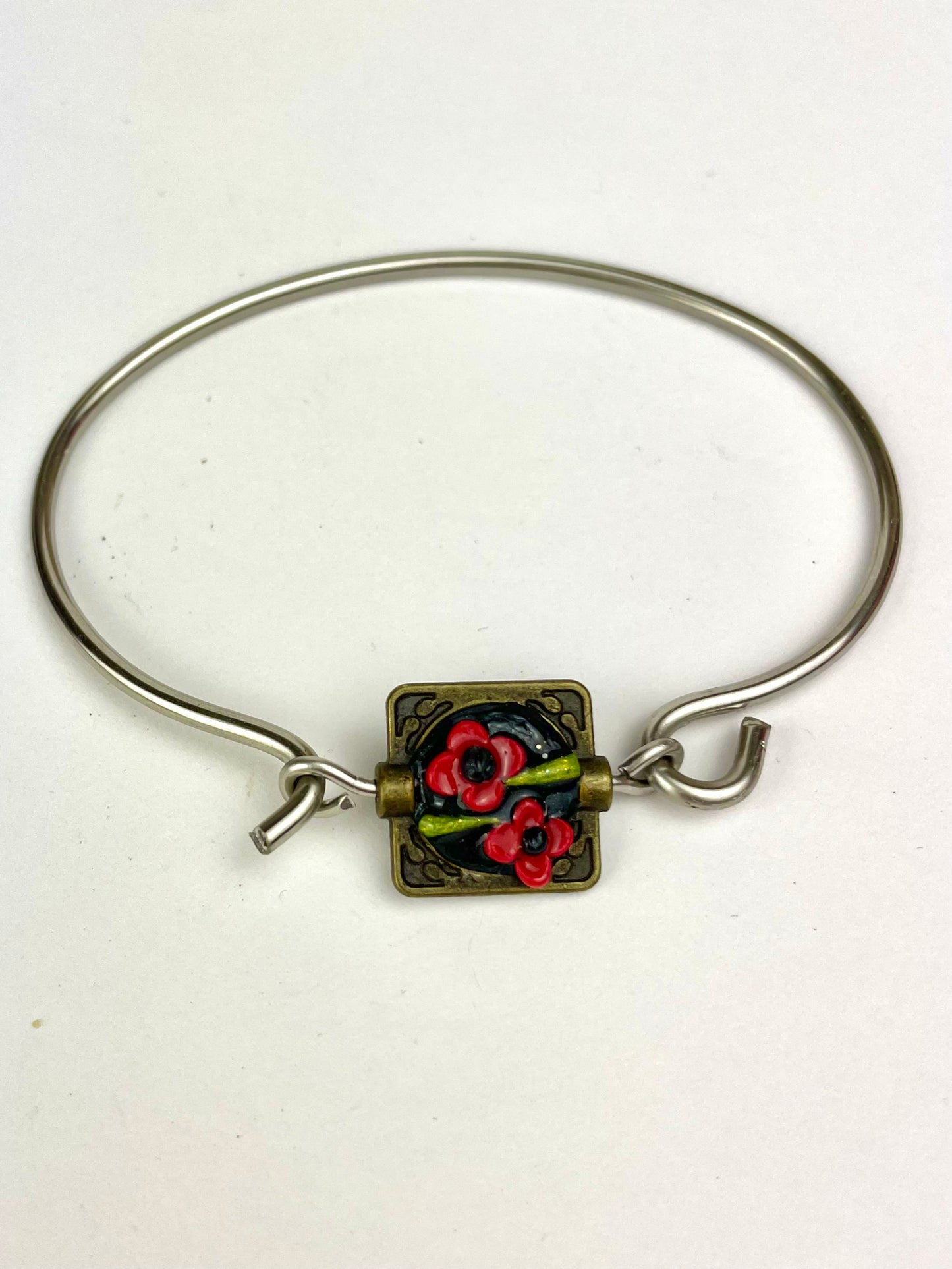 Bracelet Coquelicots Carré en argent avec cabochon en pâte polymère