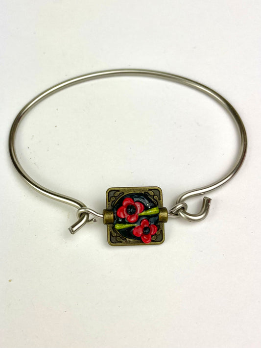 Bracelet Coquelicots Carré en argent avec cabochon en pâte polymère