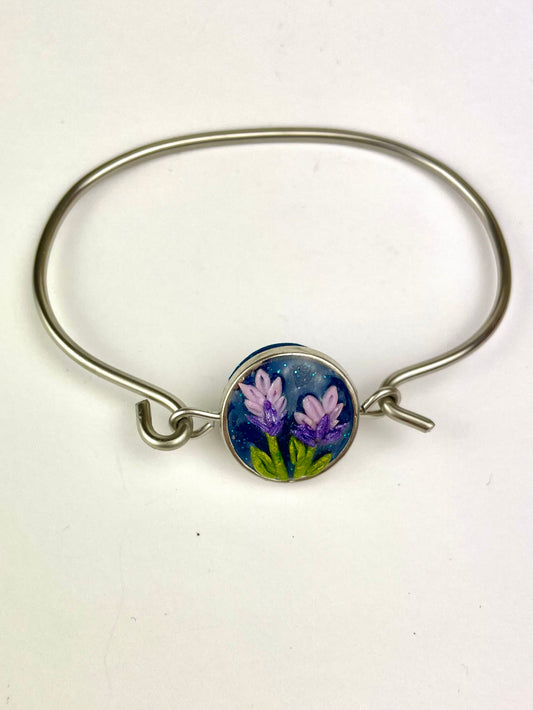 Bracelet Lavande en argent avec cabochon en pâte polymère fait main