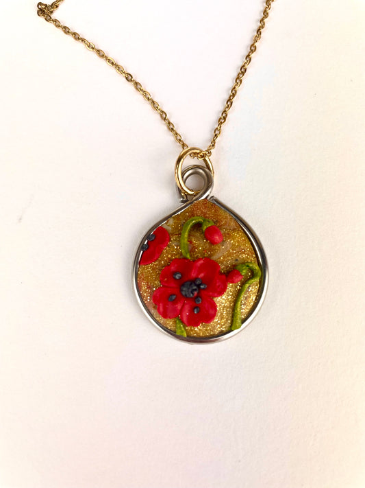 Médaillon artisanal Sunshine Coquelicots en pâte polymère – bijou doré